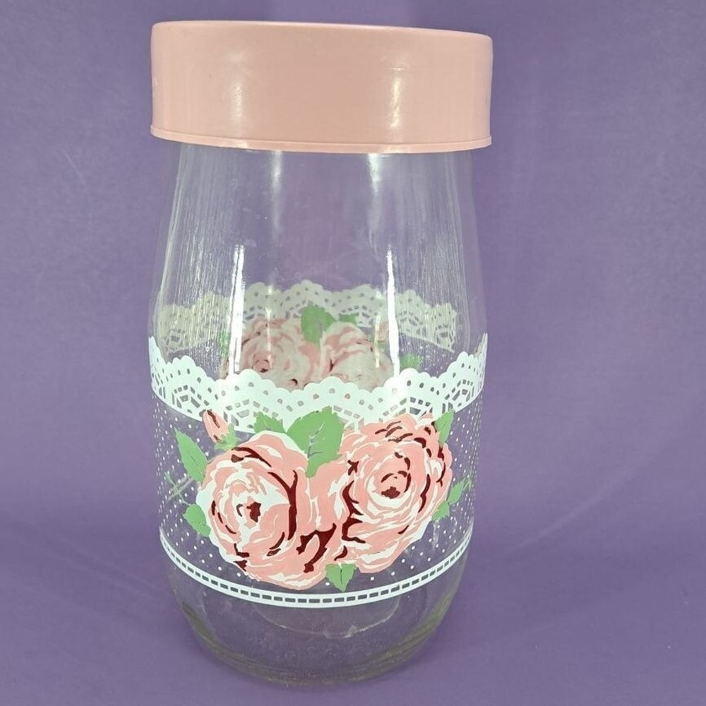 Vintage Carlton Glass Storage Jar 1.5L Pink Roses Lace Design Kitchen Container